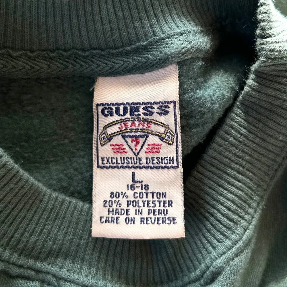 Vintage Guess Logo Cotton Fleece Crewneck Pullover Sweatshirt Green Boys L Retro